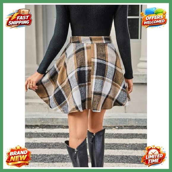 Polyester Plaid Flared Skater Skirt High Waisted Work Office Wear - Picture 3 of 7